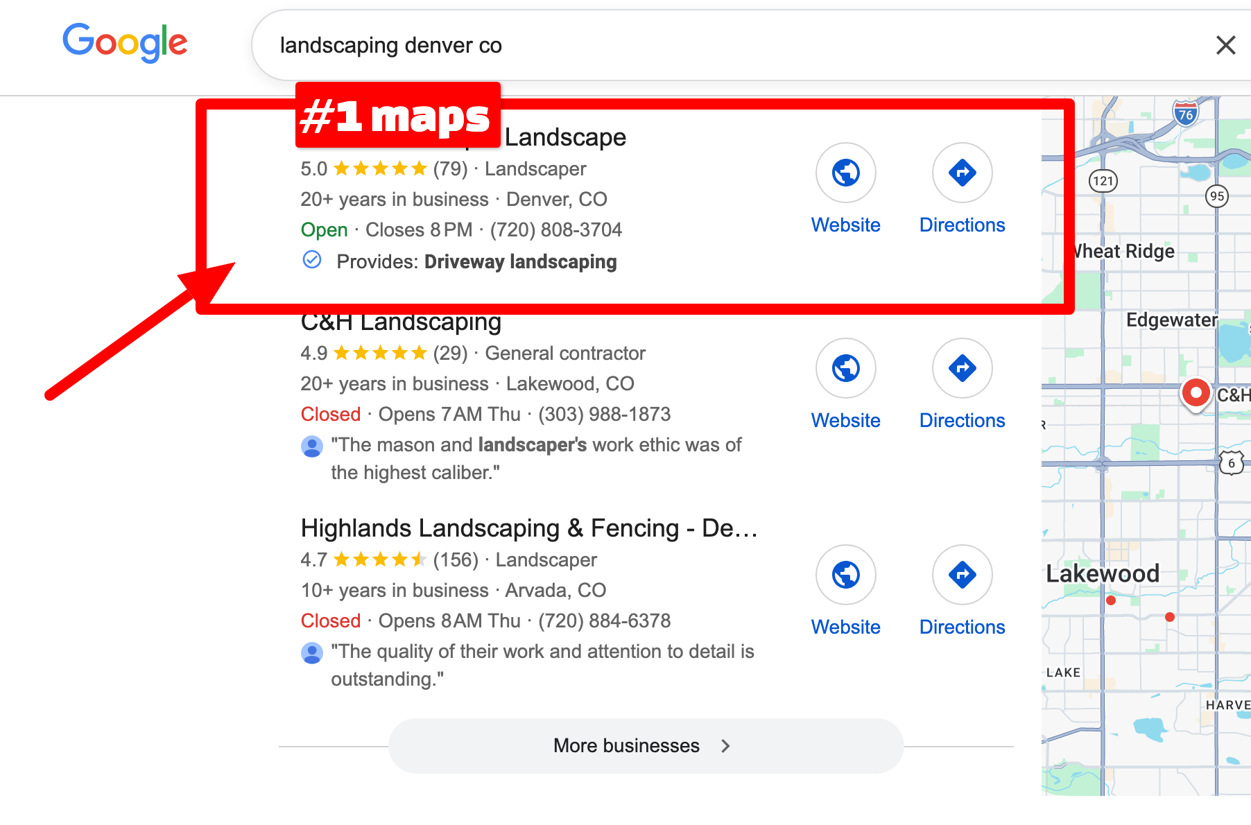 Google Maps 3-pack showing the top local businesses