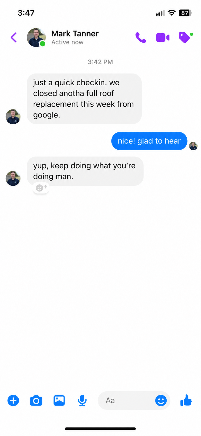 Client success message on Facebook